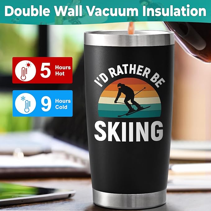 Lifecapido Ski Gifts, I'd Rather Be Skiing 20oz Insulated Tumbler, Christmas gift Skier Skiing Gifts for Skiers, Black