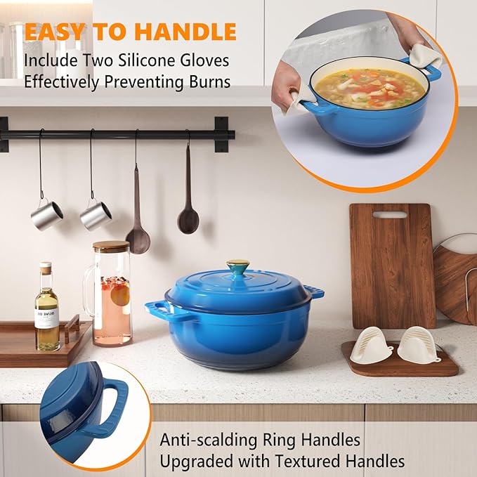 ROVSUN Enameled Cast Iron Round Dutch Oven, 6QT Pot with Lid &Dual Handles with Silicone Gloves,Oven Safe up to 500°F, Heavy-Duty Pre-Seasoned Cookware for Bread Baking, Braising, Stews, Roasting, Blue