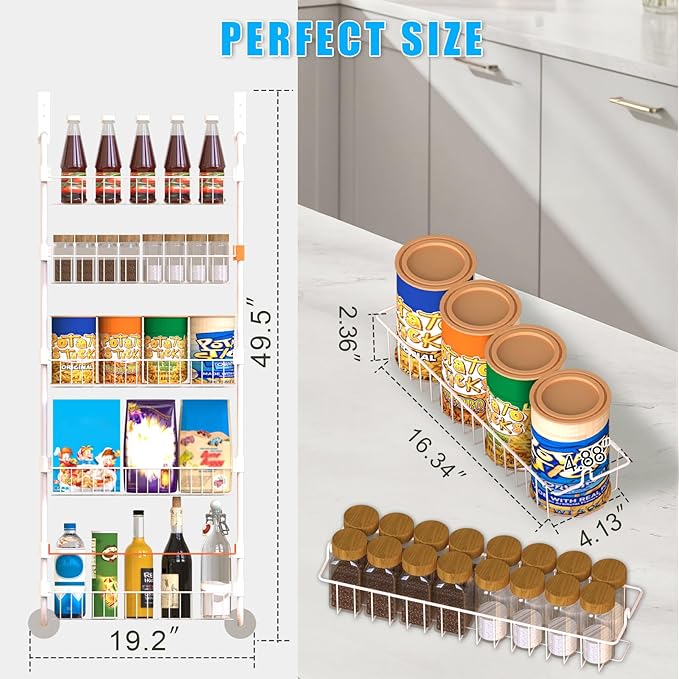 White Over the Door Pantry Organizer 5 Tier, Adjustable Basket Pantry Door Organizer and Storage, Heavy Duty Metal Kitchen Hanging Spice Rack (D5xW19xH50 Inches)