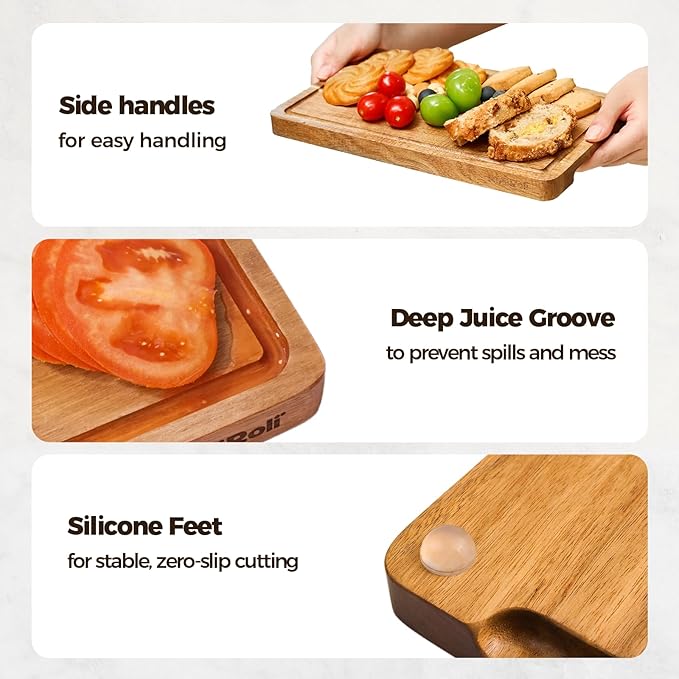 Acacia Wood Cutting Board for Kitchen - 0.8 inch Thick Wood Charcuterie Cheese Board with Side Handles and Juice Grooves, Wooden Chopping Block for Meat and Veggies, 11.5x7 inch