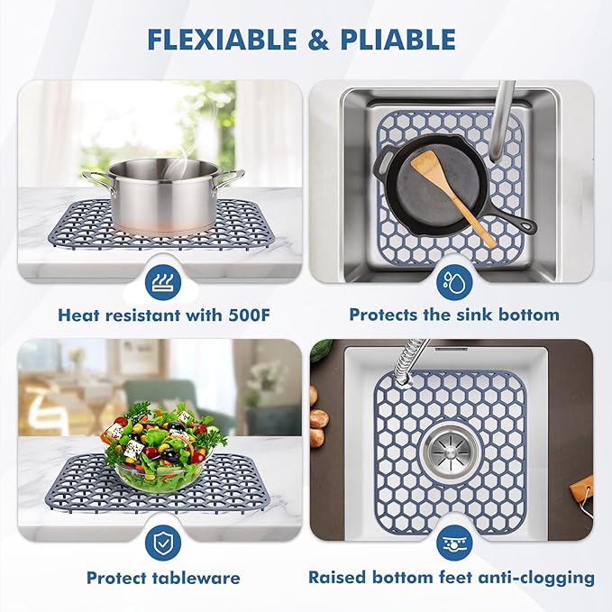 Silicone Sink Protectors for Kitchen Sink - 12" x 11" Kitchen Sink with Center Drain Grid Accessory, Non-Slip Heat-Resistant Mat for Bottom of Porcelain Stainless Steel, Dishwasher Safe