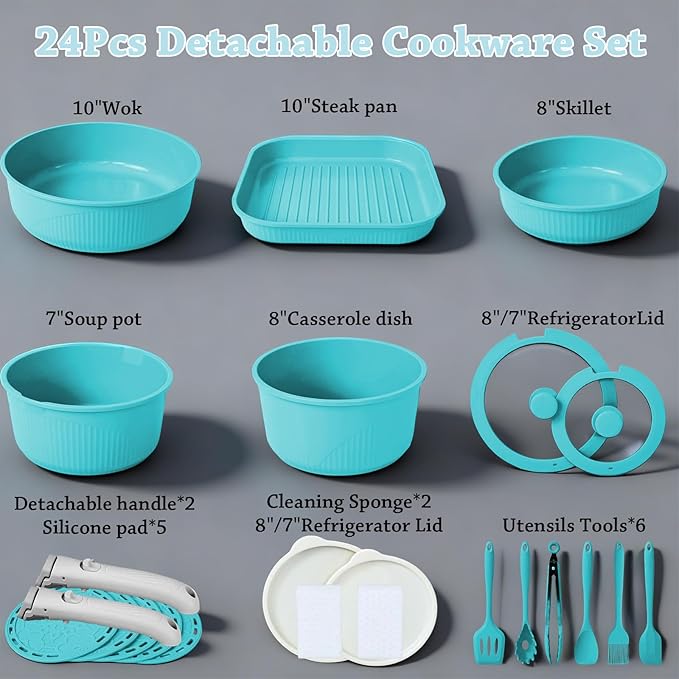 24 Pcs pots and pans set,pots and pans set non stick,Oven-safe and dishwasher-safe,PFAS/PFOA Free,Induction Dishwasher Oven Safe cookware set (Green)