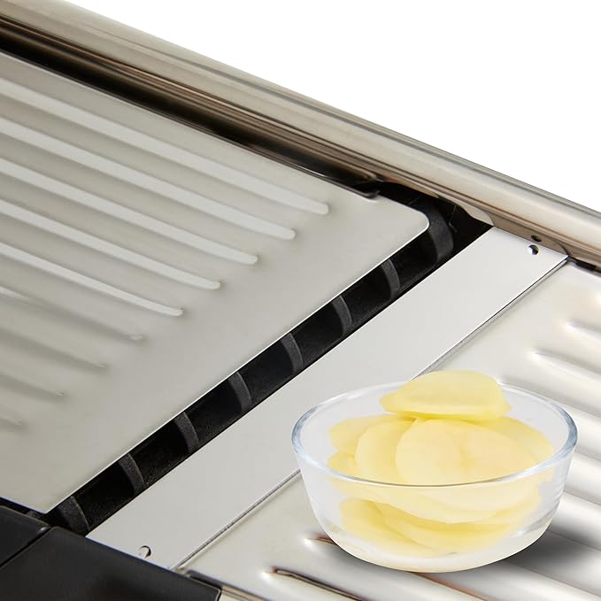 Restaurantware Stainless Steel Adjustable Mandoline Slicer - German Standard Vegetable Slicer with Blade Guard, Cut-Resistant Gloves, Cleaning Brush - Food Slicer for Potato, Onions, Cucumbers, Tomato