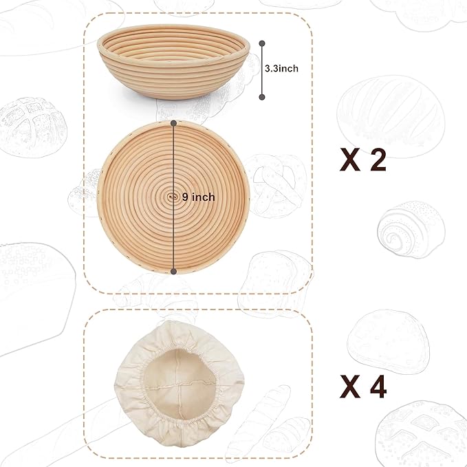 Banneton Bread Proofing Basket set of 2, 9 Inch Round Sourdough Proofing Baskets with Liner,Dough Proofing Bowls,Made of Natural rattan,for Sourdough Bread Baking Supplies