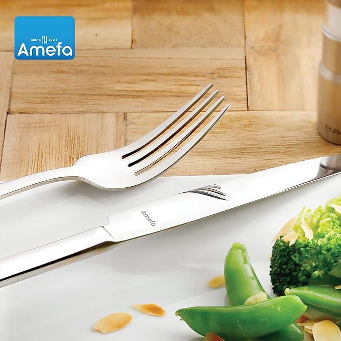 Amefa Moderno 45-Piece Flatware, Set for 8 – Stainless Steel Silverware, High-Gloss Mirror Finish, Rust-Resistant Cutlery with Dinner Forks, Knives, Spoons, Salad Forks & Teaspoons for Home Dining