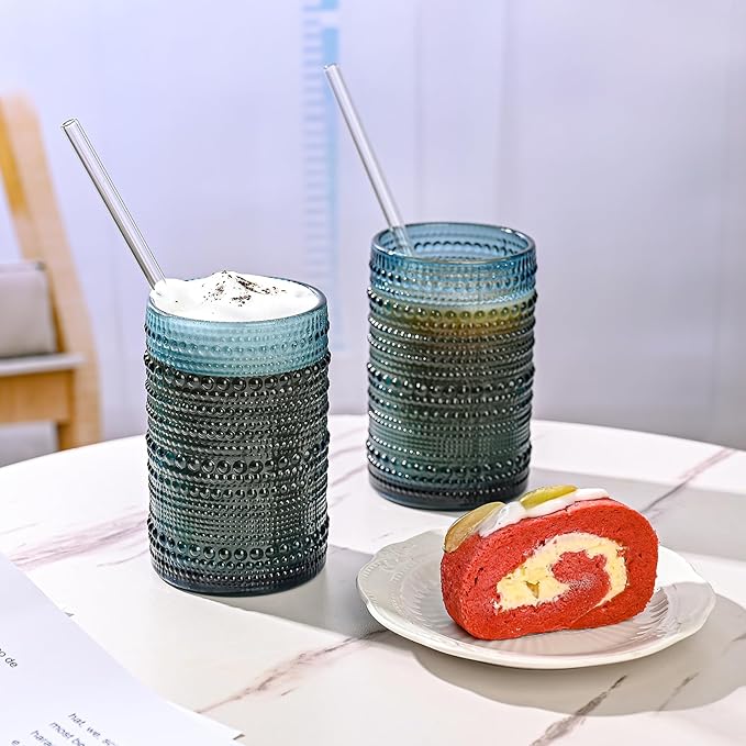 Vintage Glassware Drinking Glasses Set of 6,15 oz Hobnail Glass Cups,Embossed Blue Water Tumbler,for Beer,Cocktail,Whiskey,Juice and Various Mixed Drinks- 1 Cleaning Brush