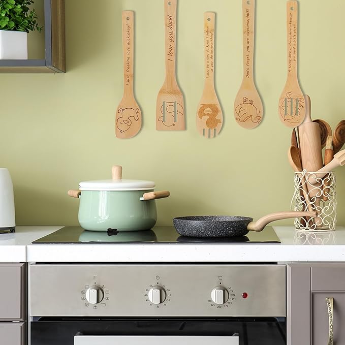 5PCS Duck Wooden Cooking Spoons Set Duck Gifts for Women Kitchen Decor Bamboo Cooking Utensil Spoons for Housewarming Wedding Anniversary Thanksgiving Christmas Gifts Mom Women