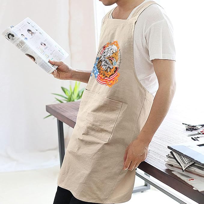 Cotton Linen Apron Non-tie Cross Back Kitchen Apron with Pockets Soft Comfortable Durable for Cooking Baking Gardening (Khaki)