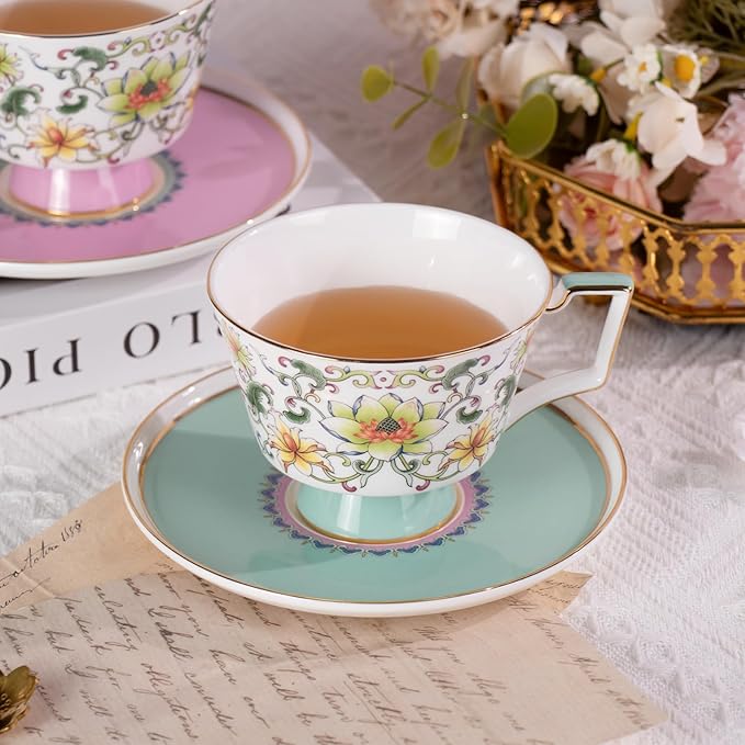 KAMMAK Ceramic Coffee Cups Saucers Set of 2, Porcelain Espresso Cups with Saucers, 8.12 oz Handcrafted Elegant Bone China Tea Cups, Lotus Floral Pattern Teacup for Party, Office, Women Gift