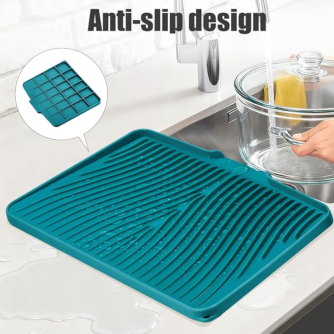 Silicone Dish Drying Mat, Stone Drying Mat for Kitchen Counter with Built-In Drain, Non-Slip Drain Pad with Built-in Drain, Heat Resistant Stone Drying Mat, 1Pcs 19.7" x 17", Green