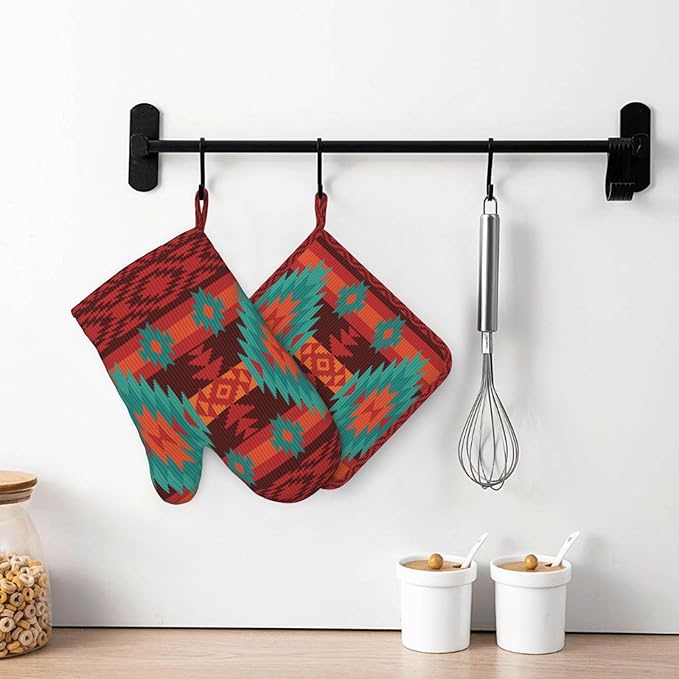 Geometric Ethnic Tribal Oven Mitts and Pot Holders Set of 4 Silicone Native American Kitchen Mitten Gloves and Aztec Western Potholders Set Heat Resistant Oven Gloves Hot Holders for Kitchen