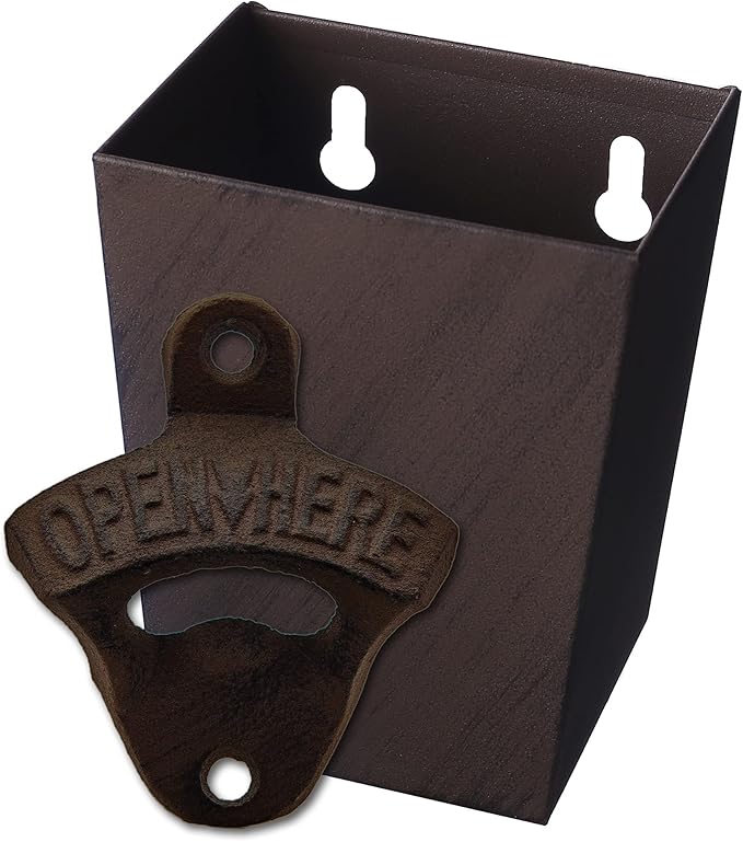 Rustic Cast Iron Beer Bottle Opener Wall Mounted with Cap Catcher Vintage Narrow Bundle