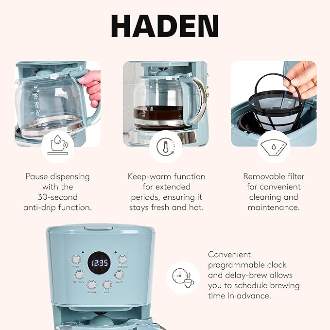 Haden Brighton Coffee Machine, 12 Cup Programmable Drip Coffee Maker with Auto Shut-Off Function and Reusable Washable Water Filter, Sky Blue & Chrome