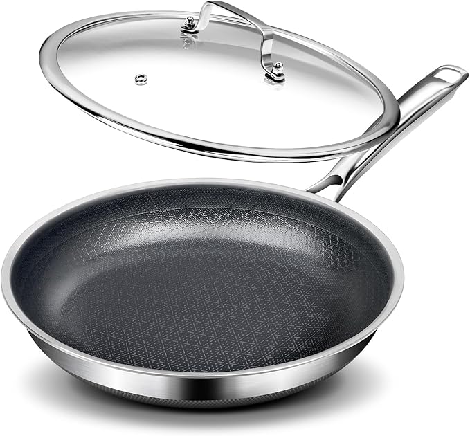 Non Stick 12-Inch Pan, Titanium Hybrid Pan with Lid, Stay-Cool Handle, Professional Frying Pan, Dishwasher Friendly, Oven Safe, Compatible with All Cooktop