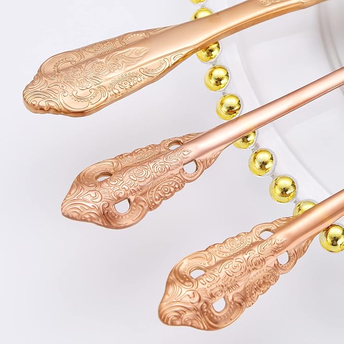 Royal Silverware Set for 8 Copper/Rose Gold Stainless Steel Flatware Retro Cutlery Vintage Eating Utensils Carved Design for Home Kitchen Restaurant Parties