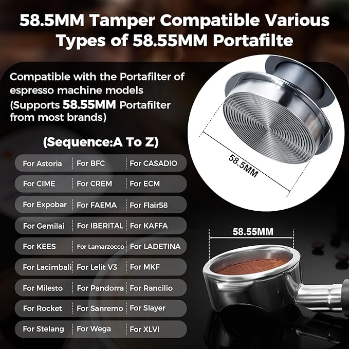 IKAPE 58.5mm Espresso Tamper, Premium Barista Coffee Tamper with Calibrated Spring Loaded, 100% Stainless Steel Base Tamper Compatible with Espresso Machine Rancilio, Gaggia Bottomless Portafilter