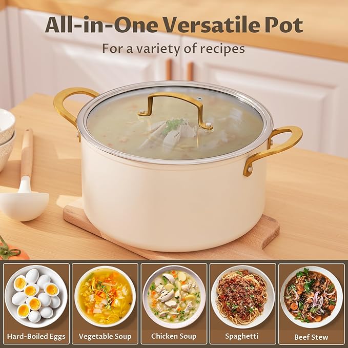 BEZIA 6 Quart Stock Pot with Lid, Ceramic Nonstick Cooking Pot, Soup Pot with Stainless Steel Handle, Tempered Glass Lid, Induction Compatible for Pasta, Soup, Spaghetti, Dishwasher Safe, Cream
