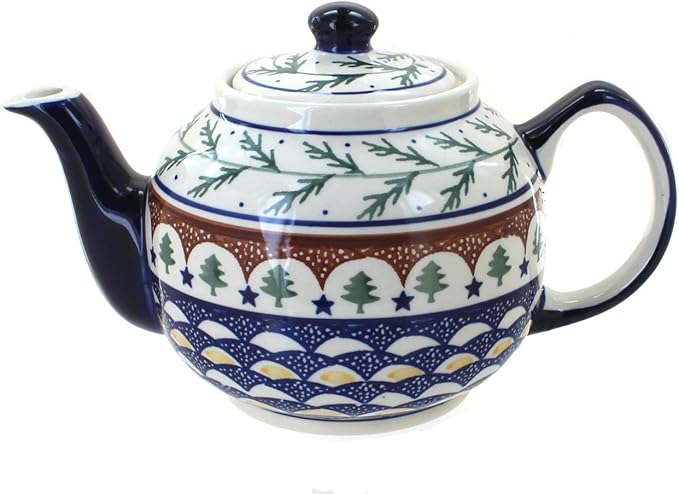 Blue Rose Polish Pottery - Green Evergreen Medium Teapot - 4 Cup Capacity - Ceramic Christmas Teapot, Festive Holiday Design for Serving Tea & Cocoa
