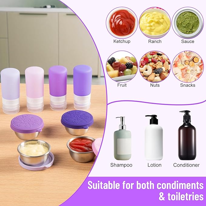 8-Pack Salad Dressing Container To Go, 2-oz Silicone Small Condiment Squeeze Bottles and 1.6 oz Stainless Steel Sauce Containers Cups, Leakproof Condiment Containers with Lids for Lunch Box