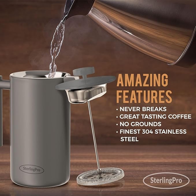 Stainless Steel French Press Coffee Maker Large 1.5 L(51 oz) Gray – Durable Double Walled Insulated Coffee Press Keeps Drinks Hot, Easy to Use and Clean Stylish Design for Rich Flavor