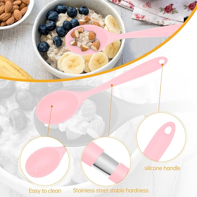 2 Pcs Silicone Nonstick Mixing Spoon,10.6Inch Silicone Spoons for Cooking Heat Resistant, Cooking Utensil for Kitchen Cooking Baking Stirring Serving (Pink)