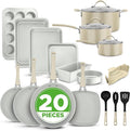 NutriChef 20-Piece Non-Stick Bakeware and Cookware Set - Utensils Including Pots and Baking Pans Made with Durable Aluminum, Tempered Glass Lids, Heat-Resistant Utensils, Easy-Clean Design (White)