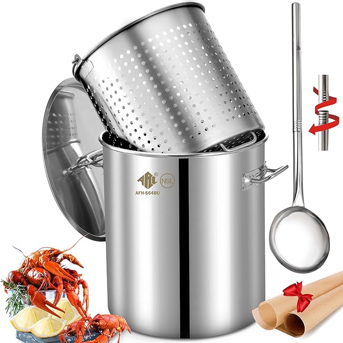 ARC 64QT Stainless Steel Seafood Boil Pot with Basket and 36" Large Spoon, Threads Removable Handle, Crawfish, Crab, Lobster, Shrimp Boil Stock Pot with Strainer, Turkey Fryer Pot, Brewing Beer, 16Gal