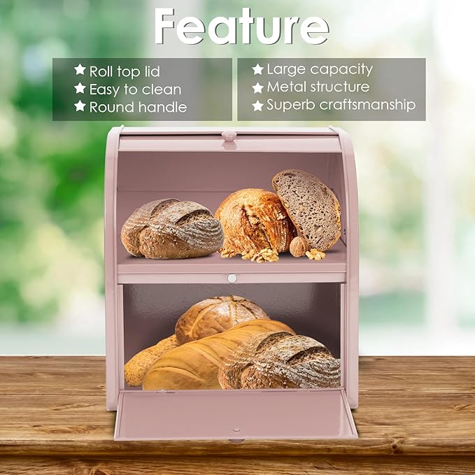 Bread Box, Metal Bread Box For Kitchen Countertop, Bread Storage Container Holds 2 Loaves Of Bread, High Capacity Breadbox, Bread Holder Suit Farmhouse Kitchen Decor For Counter (Pink)