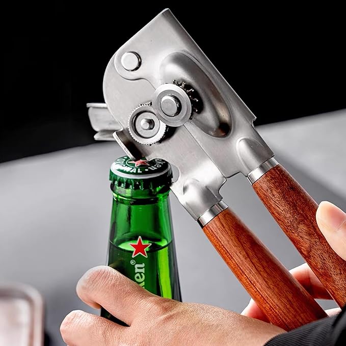 Stainless Steel Can Opener Manual: Wooden Handle Bottle Opener, Jar Opener for Seniors, Hand Held Can Opener Smooth Edge Lid Remover for Kitchen Cans Bottles Lids, Beer Bottle Opener
