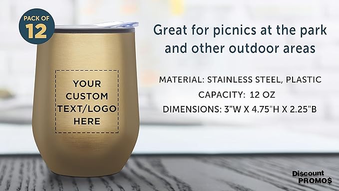 Custom Stemless Wine Tumblers 12 oz. Set of 12, Personalized Bulk Pack - Insulated, Perfect for Wine, Cocktails, Other Hot & Cold Beverages - Gold