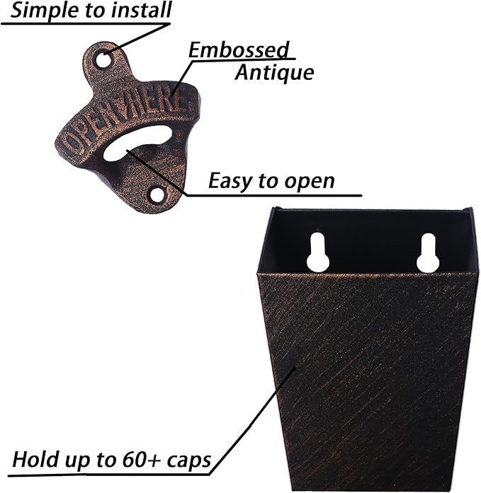 Antique Copper Cast Iron Beer Bottle Opener Wall Mounted Soda Drink Bottle Top Opener with Cap Catcher Narrow for Table Cooler Post