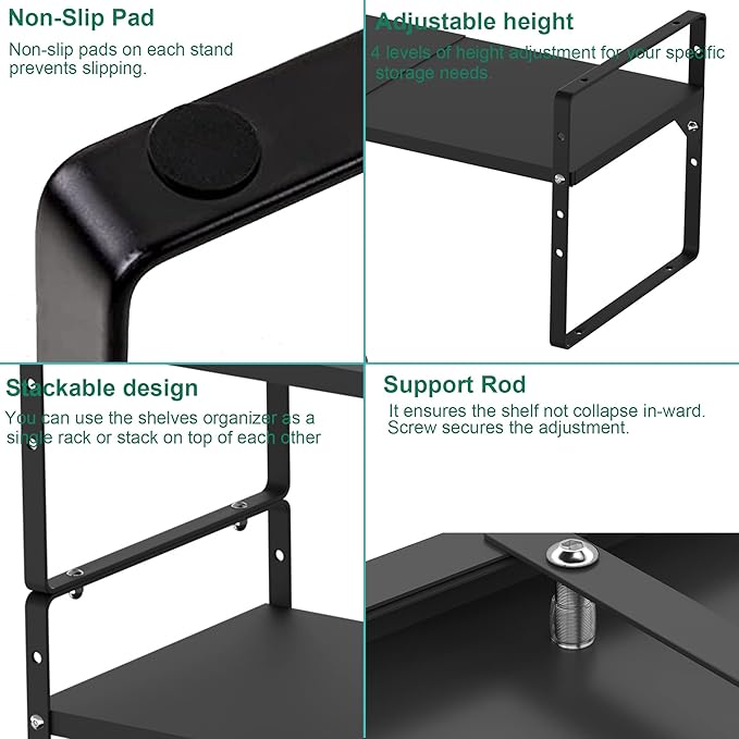 iPEGTOP Expandable Cabinet Storage Shelf Organizer Rack, Heavy Duty Steel Metal Spice Rack Adjustable Height Home Office Garage Pantry Shelves for Counter Kitchen Organization, Black, 2 Pack