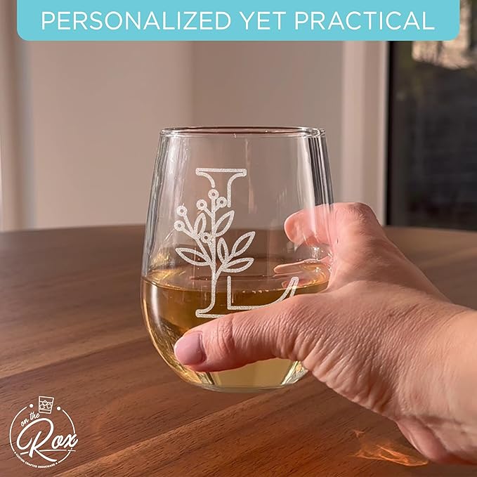 On The Rox Drinks Monogrammed Gifts For Women and Men - Letter A-Z Initial Engraved Monogram Stemless Wine Glass - 17 Oz Personalized Wine Gifts For Women and Men (L)