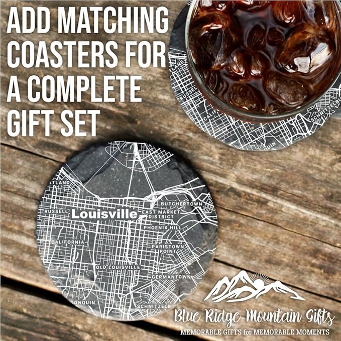 Blue Ridge Mountain Gifts - Louisville Souvenir - Kentucky Glassware Gift, Etched City Map, Laser Engraved and Dishwasher Safe