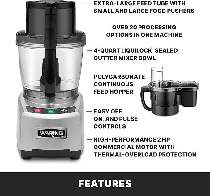 Waring Commercial 4 Quart Food Processor, 2 HP Motor, Extra Large Feed Tube, LiquiLock Sealed Bowl System, S Blade Chops Purees Emulsifies, 120V, 5-15 Phase Plug, Clear WFP16SC Black