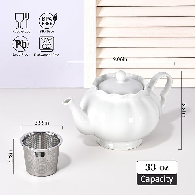Tea Pot with Infuser for Loose Leaf Tea, 33oz, Ceramic Teapot with Tea Strainer, Large Teapots for Tea Party, New Bone Porcelain Teapot