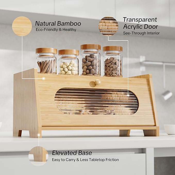 Bamboo Bread Box for Kitchen Countertop,Large Capacity Kitchen Countertop Organizer,Bread Storage with Acrylic Window for Cabinet,Pantry,Cupboard