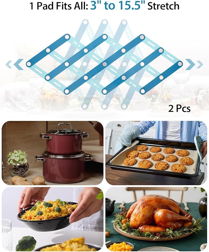 2 Pcs Stainless Steel Trivets for Hot Dishes, Two-Tone Blue Trivet Set, Large Hot Pads for Countertops&Table, Stretchable Design,Multi-Use, Heat Resistant Mat, Kitchen Pad for Pan, Pot, Plate,Teapot