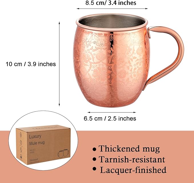 Moscow Mule MugsSet of 2-18 Oz Copper-Plated Fine Craftsmanship Etched Mugs,304 Stainless Steel-Lined Mule Cups,For Cold Drinks, Beer, Wine, Bars, Parties