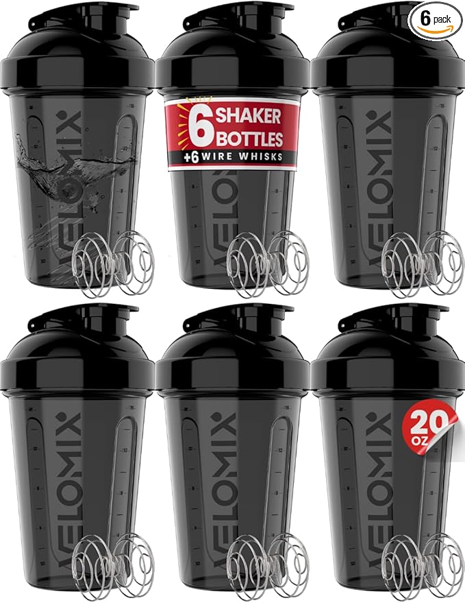 VELOMIX -6 PACK- Shaker Cups for Protein Shakes 20 oz - 6x Wire Whisk | Leak Proof Protein Shaker Bottle for Protein Shakes, Shaker Bottle Pack for Pre & Post Workout, Shaker Cup (ALL IN BLACK)