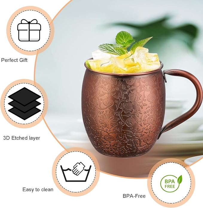 Moscow Mule Mugs - 18 Oz Copper-Plated Fine Craftsmanship Etched Mugs,304 Stainless Steel-Lined Mule Cups,For Cold Drinks, Beer, Wine, Bars, Parties