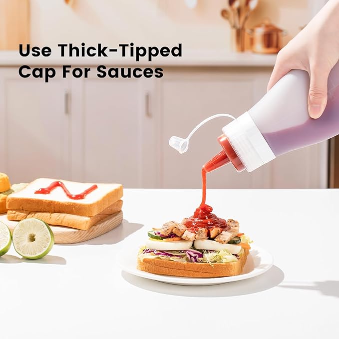 Condiment Squeeze Bottles, 16 oz Silicone Squeeze Bottles For Sauces, Leak Proof Condiment Containers with Extra Interchangeable lid, Easy Squeeze for Oil, Honey & Dressings, BPA FREE (4 Pack)