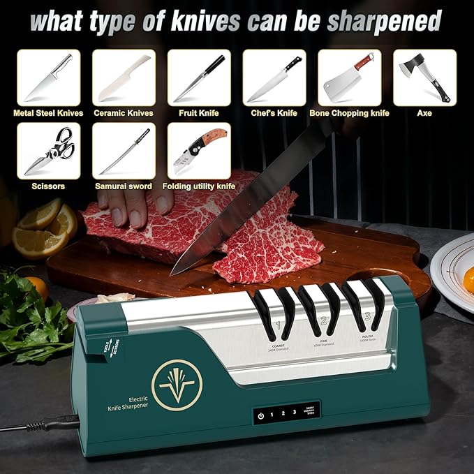 Electric Knife Sharpener with 100% Diamond Abrasives & Precision Angle Guides & 3-Speed Variable & 4-Stage Open Touch-Screen LCD Professional Knife Sharpener for Straight Edge,Serrated,Scissors,Axe