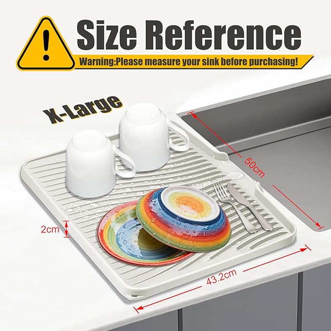 Silicone Dish Drying Mat, Stone Drying Mat for Kitchen Counter with Built-In Drain, Non-Slip Drain Pad with Built-in Drain, Heat Resistant Stone Drying Mat, 1Pcs 19.7" x 17", Cream