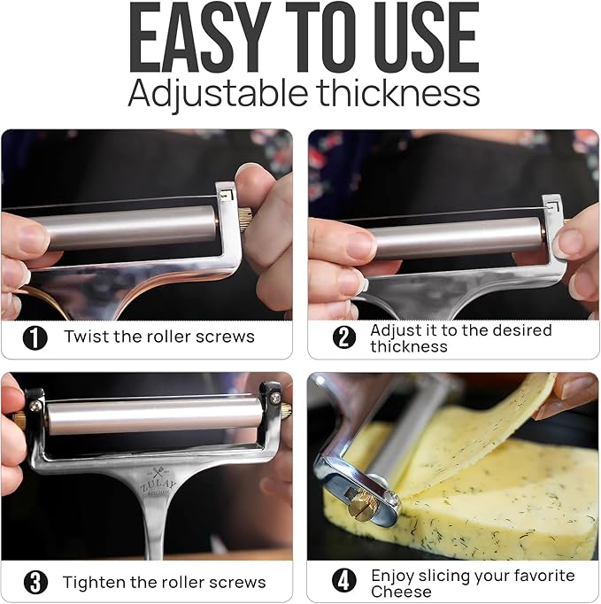 Zulay Kitchen Stainless Steel Wire Cheese Slicer - Adjustable Hand Held Cheese Cutter with 2 Extra Wires - Premium Cheese Shaver for Mozzarella, Cheddar, Gruyere - Cheese Cutter with Wire (Silver)