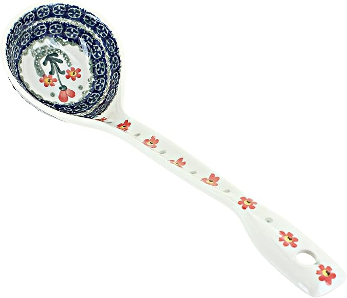 Blue Rose Polish Pottery - Orange Peach Posy Soup Ladle - 12.5" Long - Beautiful Ladle for Gravy & Soup