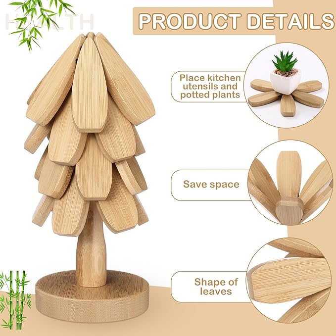 Wooden Christmas Tree Coaster Trivets Wood Trivets Set for Hot Dishes Set of 4 Christmas Tree Shape Foldable Wooden Coaster and 1 Stand Natural Trivet for Cups Plates Bowls Pots(Burly Wood Color)