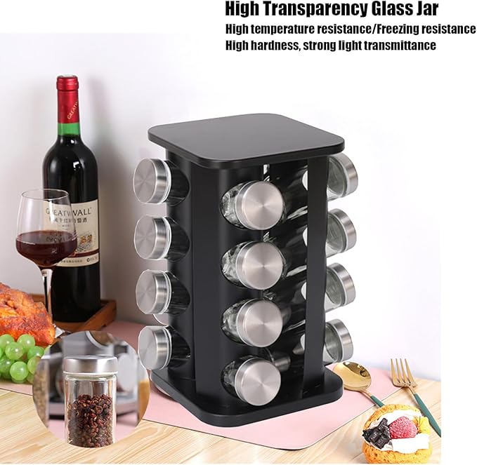 Spice rack-Revolving Spice Rack Set, Kitchen Spice Tower Organizer for Countertop or Cabinet -Desktop Rotating Seasoning Organizer(Stainless Steel) (Black, SquareHead_12Jars)