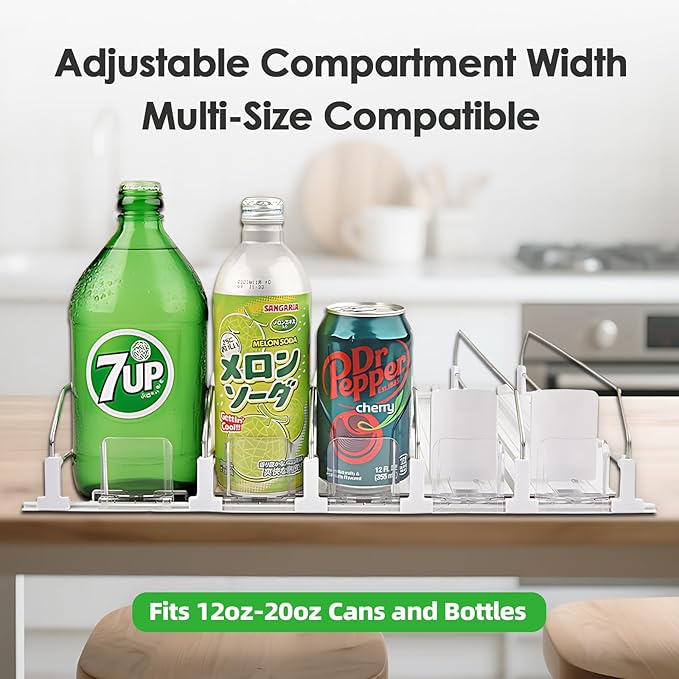 HIYOHIYO 6 Row Auto-Push Soda Can Organizer for Refrigerator, Automatic Pushing Drink Dispenser for Fridge, Self Push Beverage Rack, Drink Organizer Holds up to 30 Cans, Adjustable Width (Depth 15")