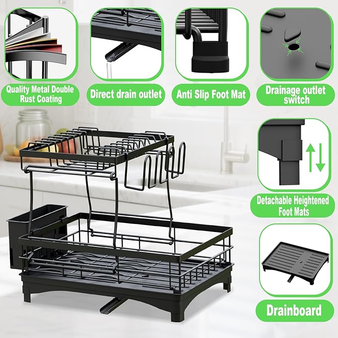Dish Drying Rack 2-Tier, Large Dish Drying Rack for Kitchen Counter, Double Rustproof & Auto-Drain Multifunctional Organizer with Removable Utensil Holder, Cup Holder, for Plates, Cups, Knife fork
